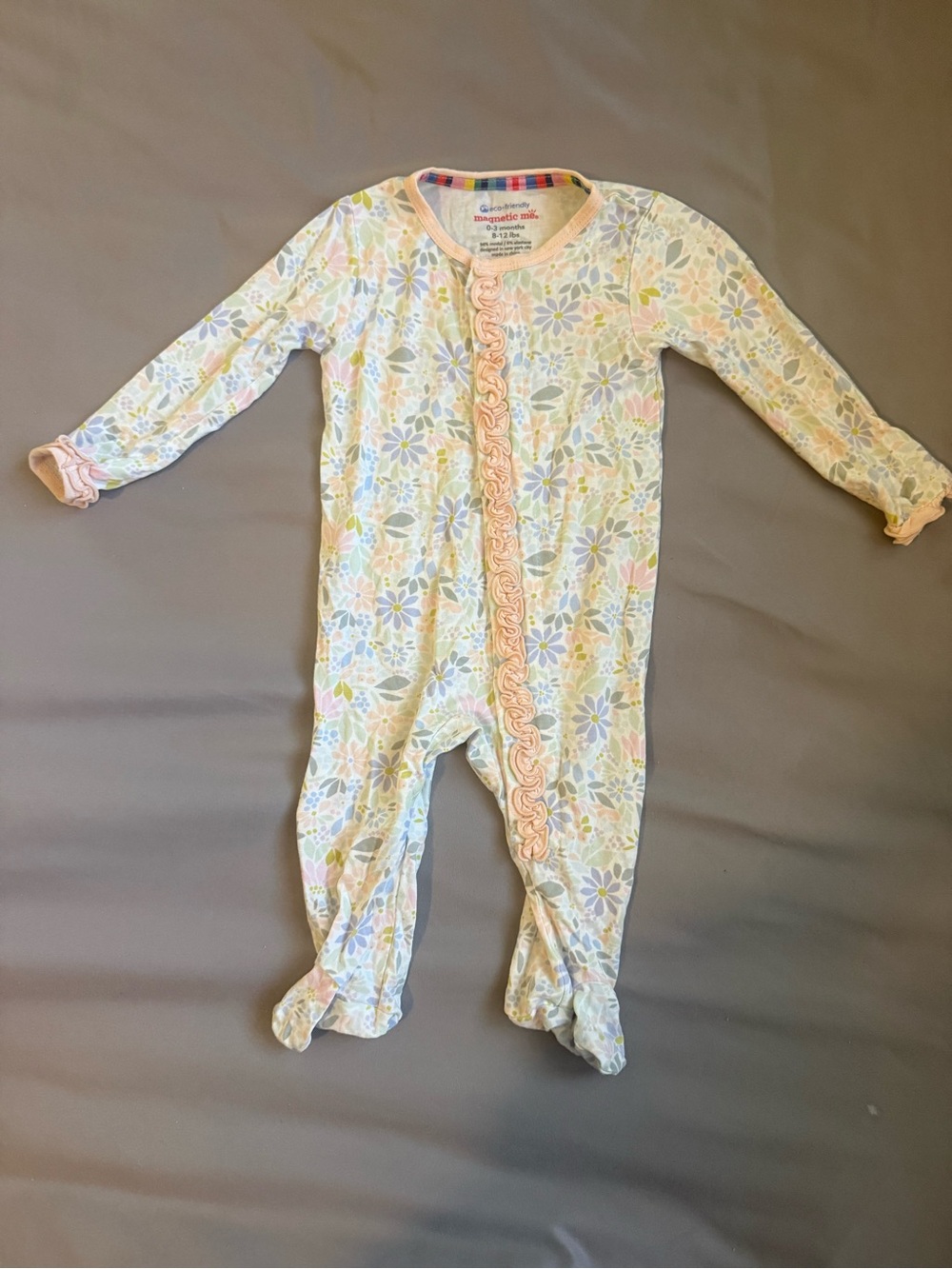 Magnetic Me Pastel Floral Ruffle Footed One-Piece - Peach Trim